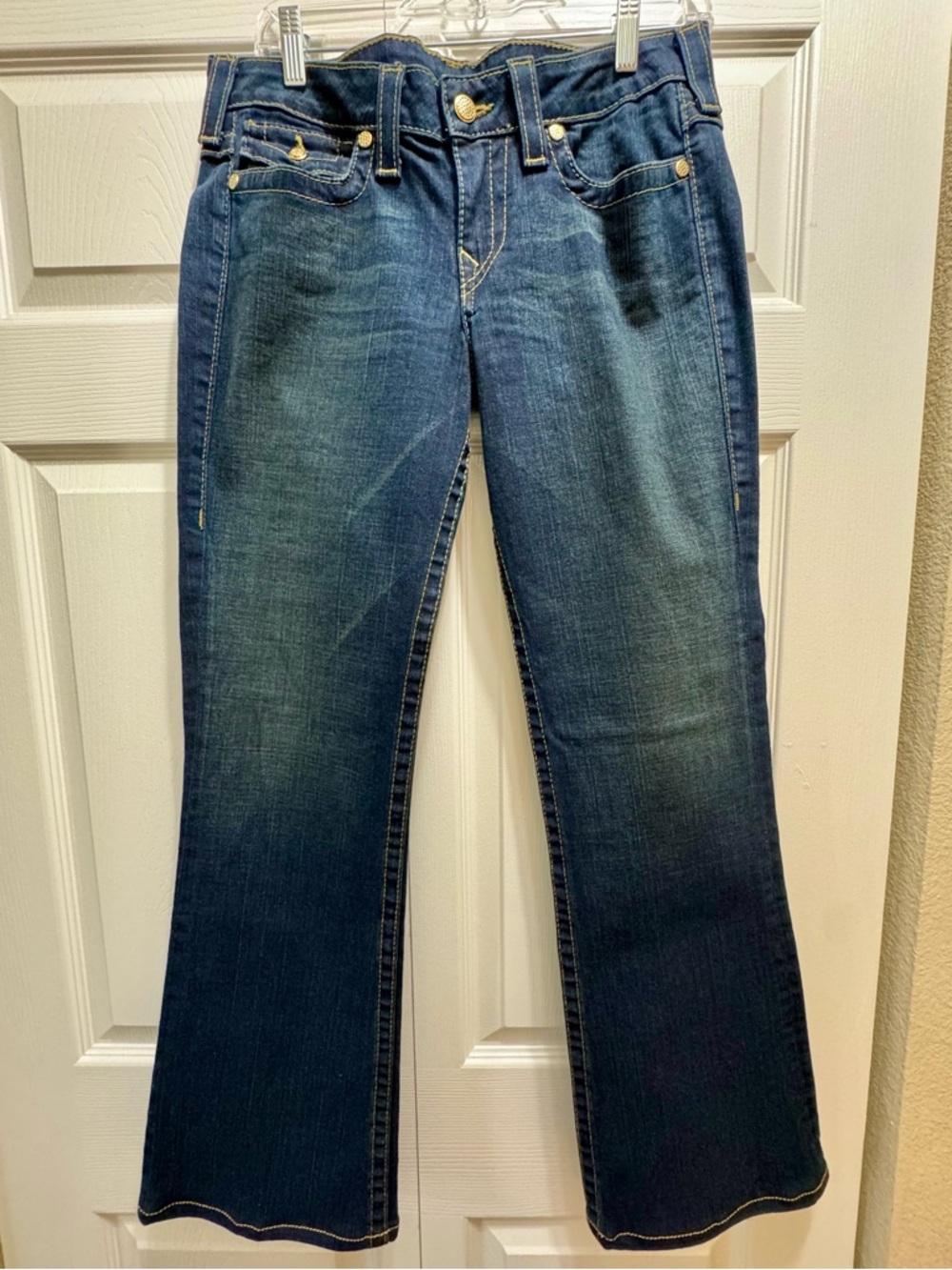 True Religion Dark Blue Flare Jeans with Gold Hardware